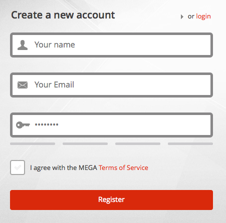 Mega's sign up page